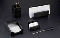 black leather five piece desk accessory set